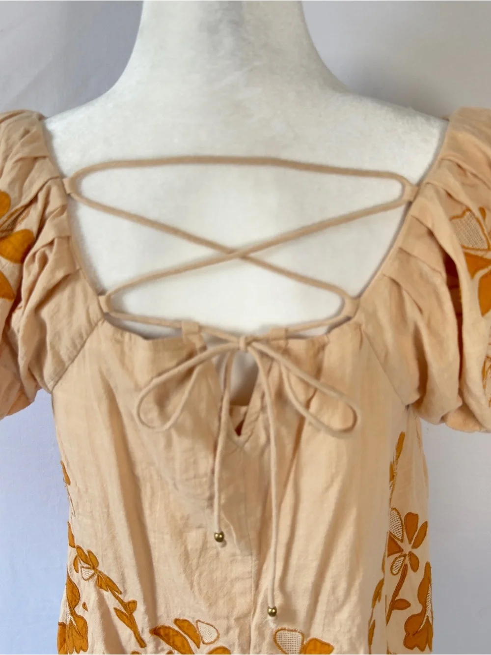 Madewell Orange Floral Embroidered Puff Sleeve Top Small Lace Up Back Rust Trim